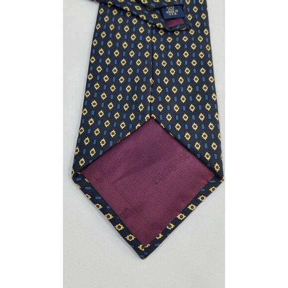 Huntington Mens Silk NeckTie Navy Yellow Geometric Diamond Pattern 57" Tie - Picture 6 of 9